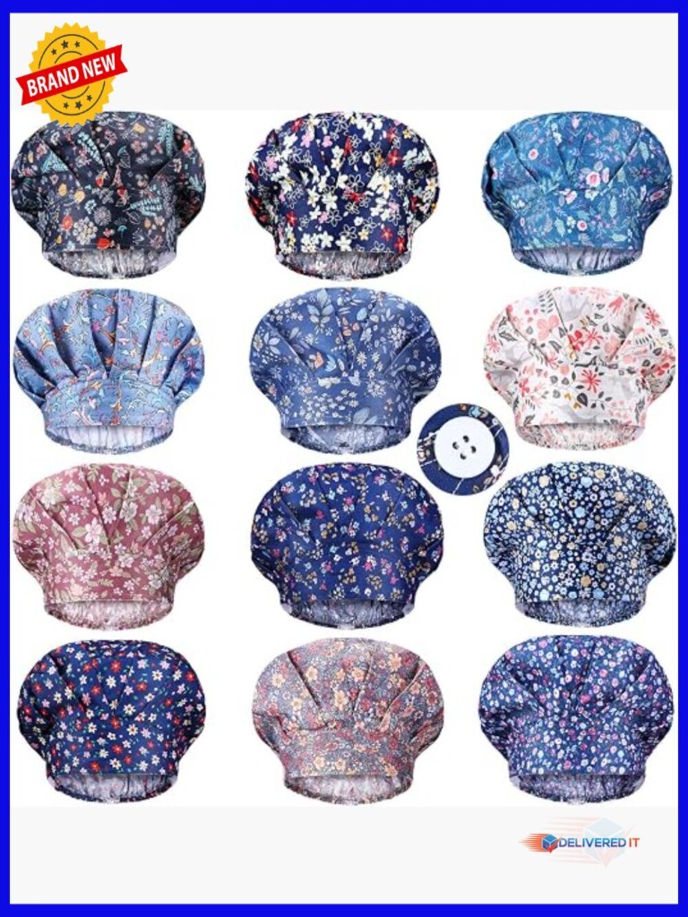 12 Bouffant Caps Adjustable Nurse Hats with Buttons Sweatband Printed